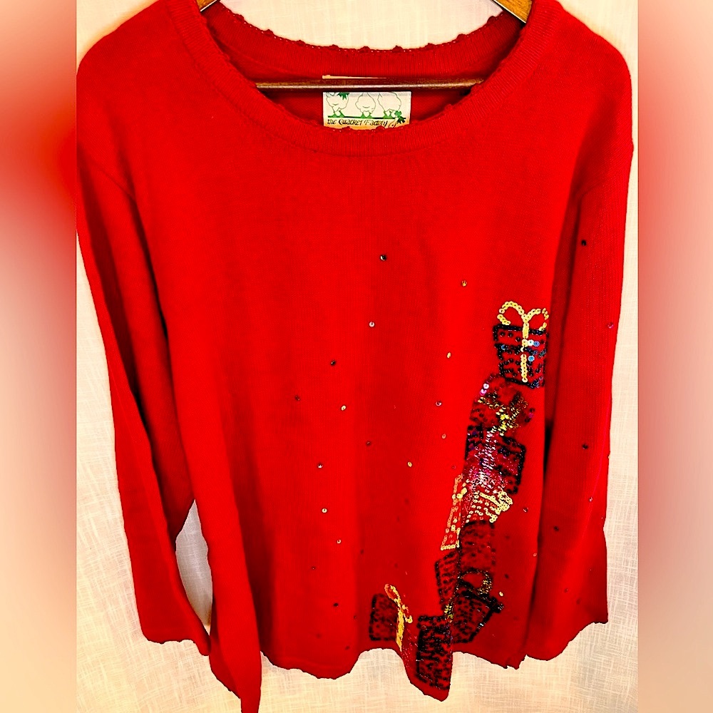 Red Quacker Factory Sequin Holiday Christmas novelty Sweater scalloped PLUS 2X
